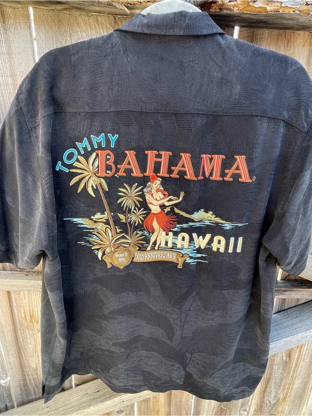 Tommy Bahama Hawaii 50th Anniversary Silk Camp Shirt Black Embroidered Men’s L